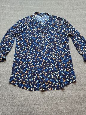 Ava Grace Blouse Womens M Navy Abstract Print Roll Tab Sleeve Top